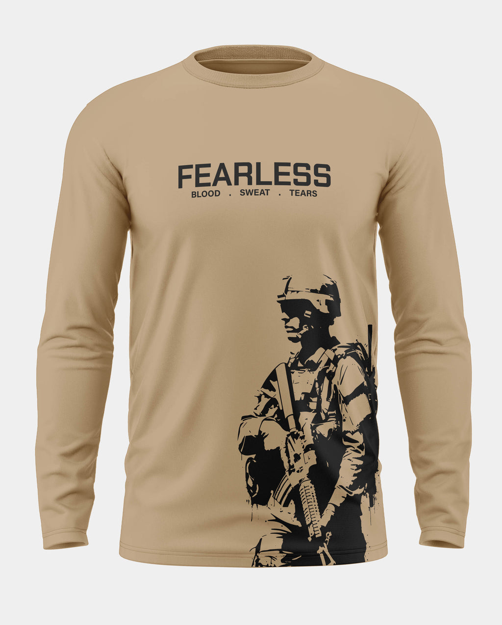 Beige long sleeve t-shirt with 'FEARLESS' text and soldier graphic, men's army style fashion