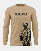 Beige long sleeve t-shirt with 'FEARLESS' text and soldier graphic, men's army style fashion