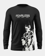 Black men's full sleeve t-shirt with 'FEARLESS BLOOD SWEAT TEARS' text and soldier graphic