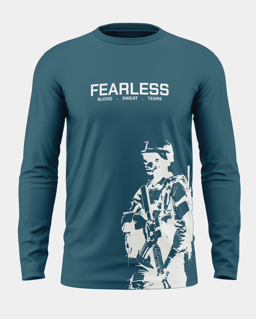 Blue long sleeve t-shirt with soldier graphic and 'Fearless Blood Sweat Tears' text