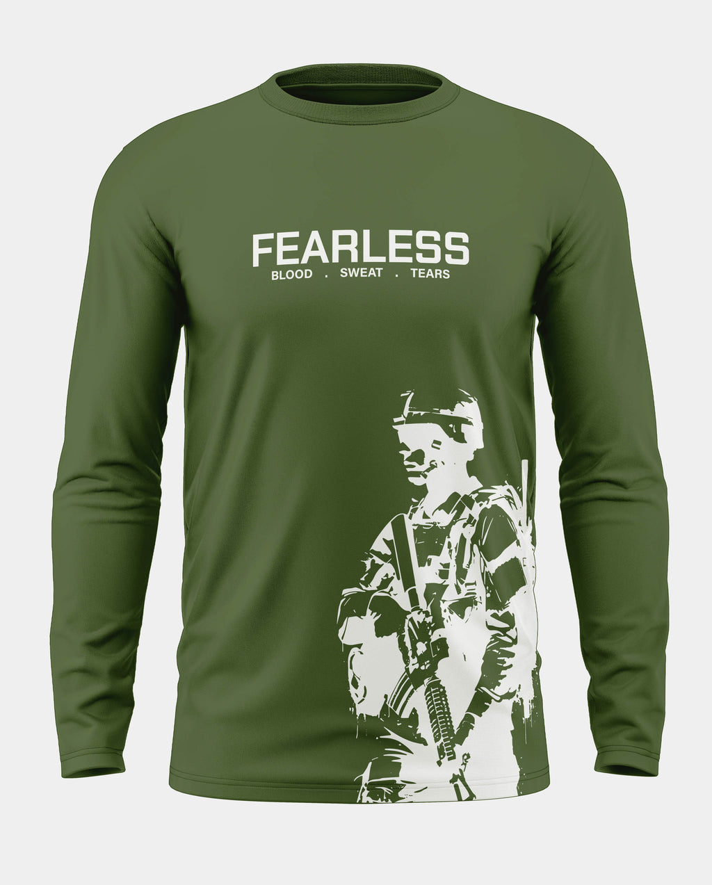 Olive green men's long sleeve t-shirt with 'Fearless' text and soldier graphic print