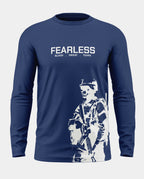 Navy blue full sleeve t-shirt with 'FEARLESS' text and soldier graphic print, men's military fashion