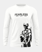 White full sleeve t-shirt featuring 'FEARLESS Blood Sweat Tears' text and soldier graphic print