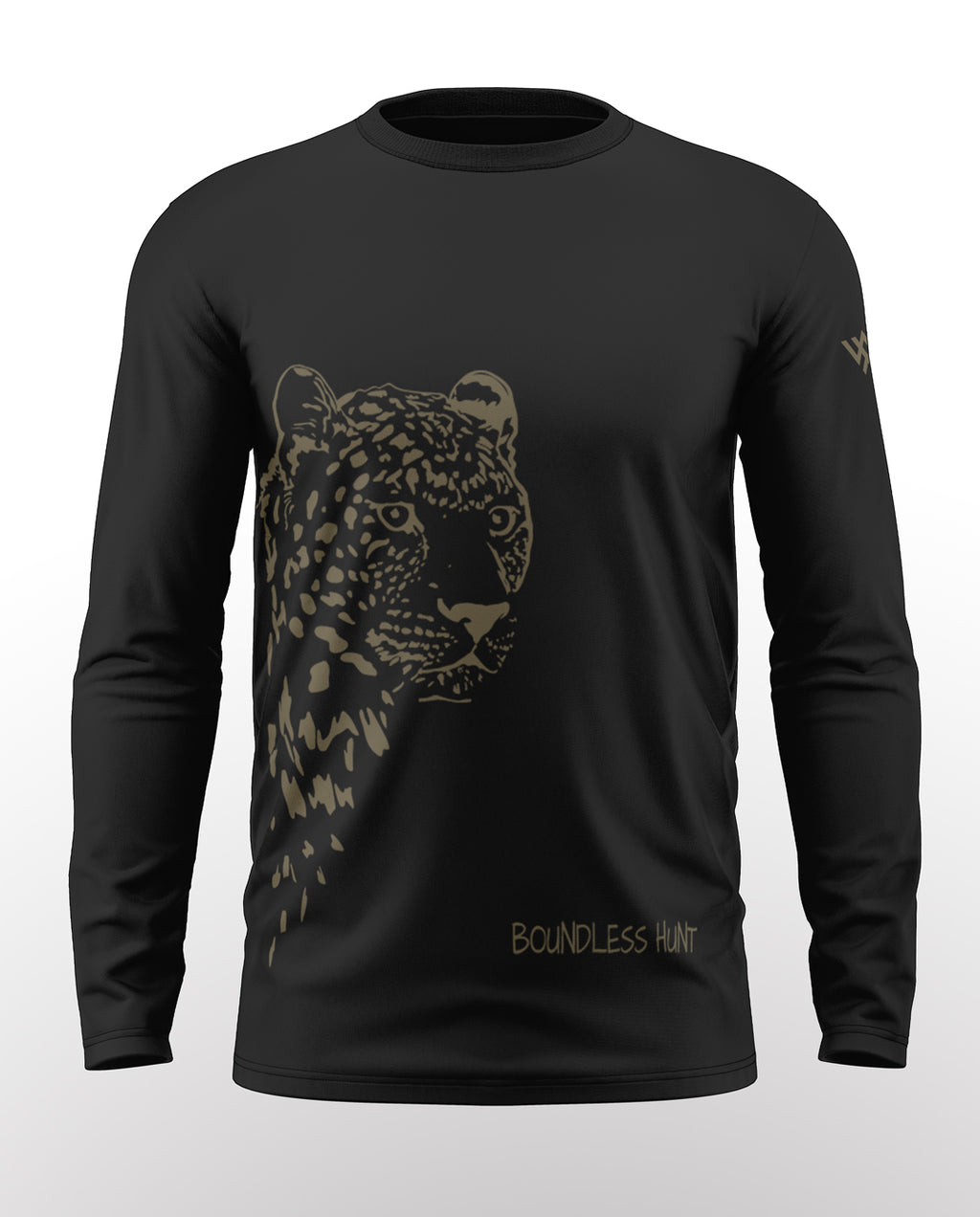 Black full sleeve t-shirt with large leopard graphic and 'Boundless Hunt' text on front.