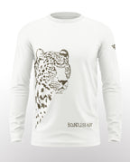 White full sleeve men's t-shirt with leopard print and 'Boundless Hunt' text on front