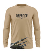 Beige men's full sleeve t-shirt with 'Defence Missile of India' text and missile graphic print