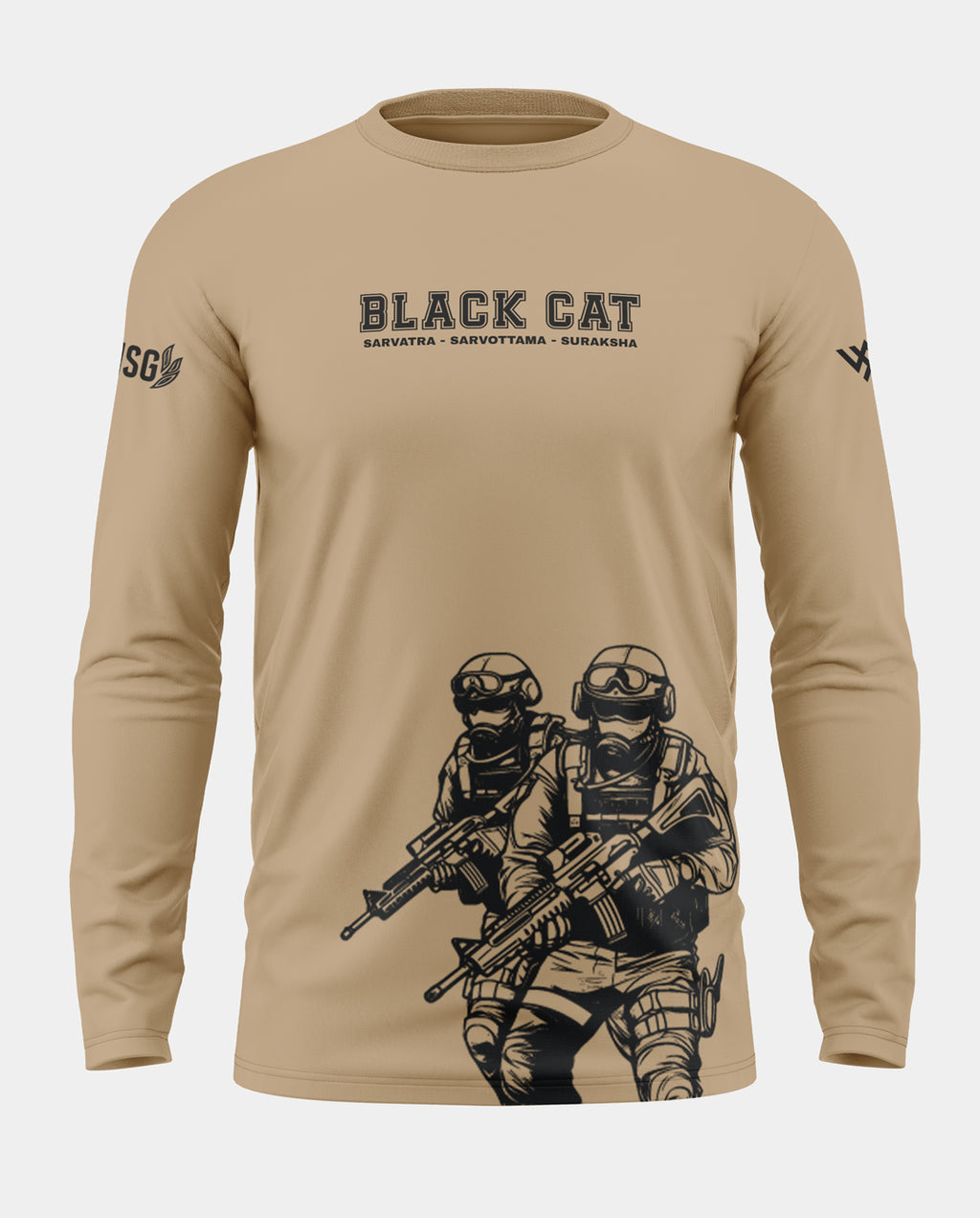 Beige full sleeve t-shirt with 'Black Cat' text and armed commando graphic print for men