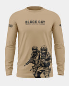Beige full sleeve t-shirt with 'Black Cat' text and armed commando graphic print for men