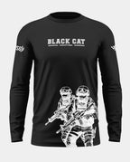 Black full sleeve t-shirt with 'Black Cat' text and white commando graphic print