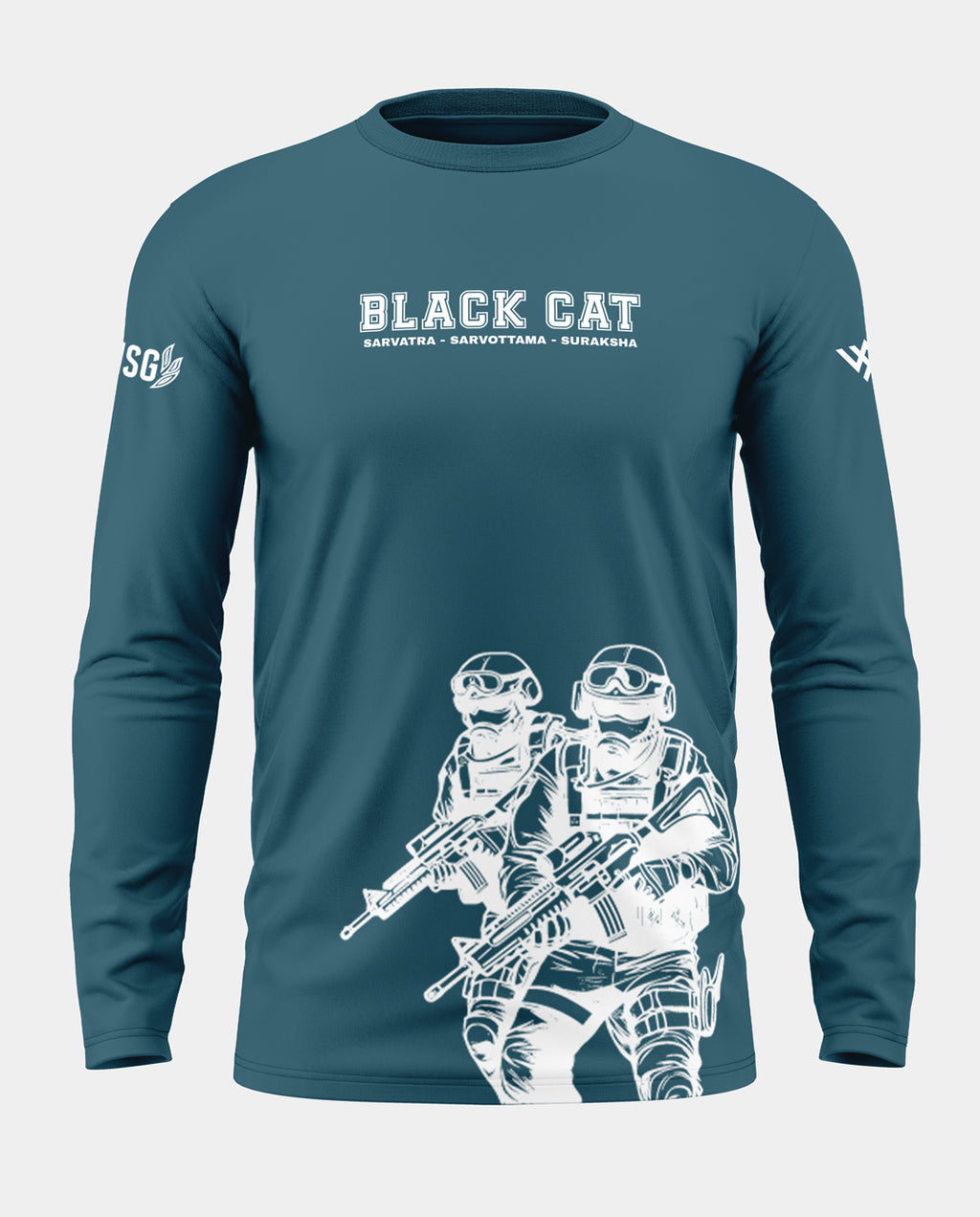 Blue full sleeve men's t-shirt with 'BLACK CAT' text and white army commandos graphic print