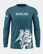 Blue full sleeve men's t-shirt with 'BLACK CAT' text and white army commandos graphic print