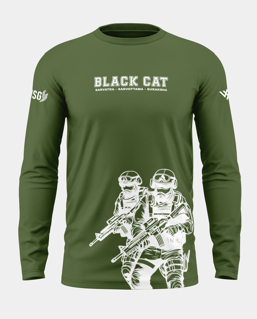 Olive green full sleeve men's t-shirt with 'BLACK CAT' text and graphic of two armed soldiers