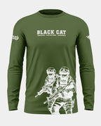 Olive green full sleeve men's t-shirt with 'BLACK CAT' text and graphic of two armed soldiers