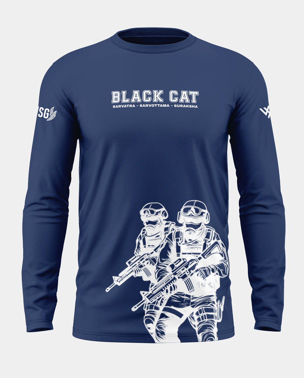 Navy blue full sleeve men's t-shirt with 'Black Cat' text and armed soldier graphic print