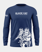 Navy blue full sleeve men's t-shirt with 'Black Cat' text and armed soldier graphic print