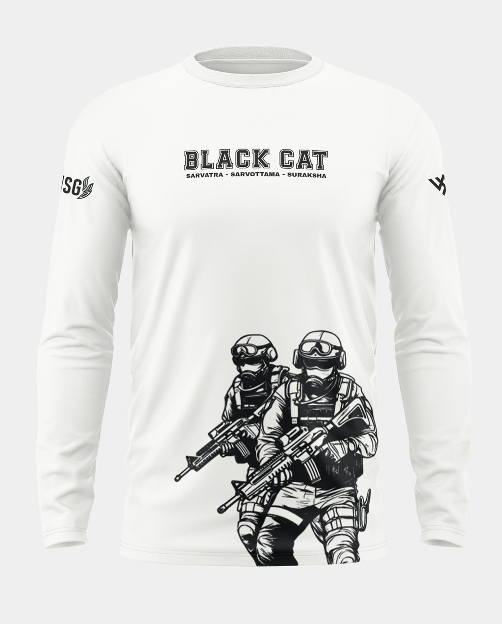 White men's full sleeve t-shirt with 'Black Cat' text and armed commando graphic print