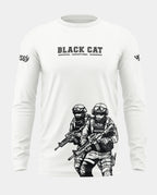 White men's full sleeve t-shirt with 'Black Cat' text and armed commando graphic print