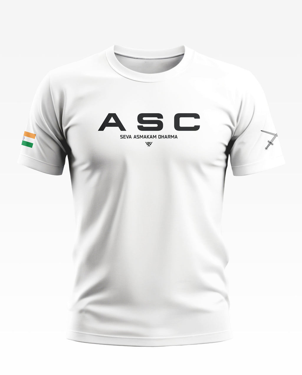 White men's t-shirt with ASC logo, Seva Asmakam Dharma text, Indian flag patch, and crossed swords sleeve graphic.