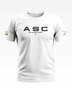 White men's t-shirt with ASC logo, Seva Asmakam Dharma text, Indian flag patch, and crossed swords sleeve graphic.