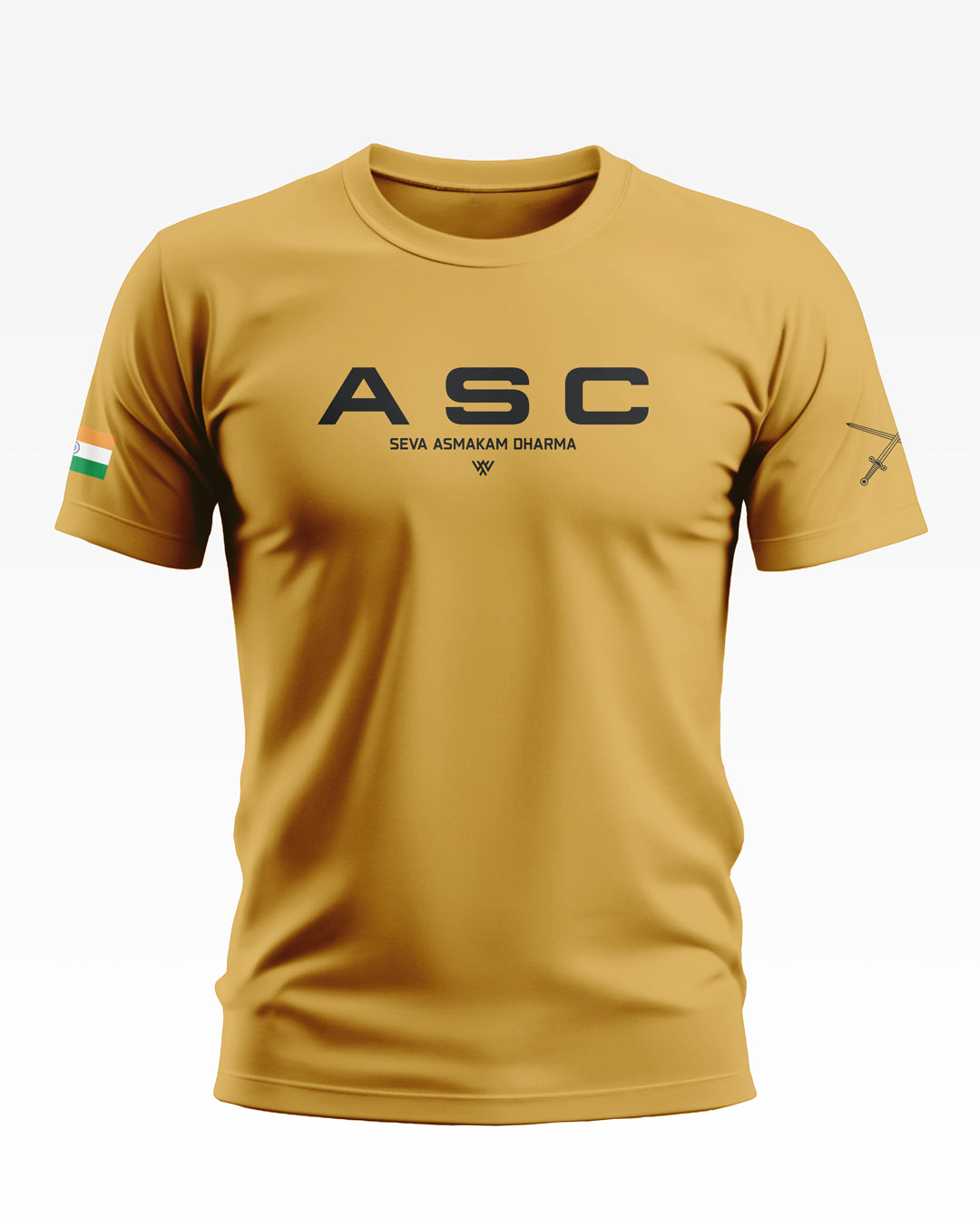 Yellow men's t-shirt with 'ASC Seva Asmakam Dharma' text, Indian flag on sleeve, crossed swords graphic.