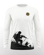 White full sleeve t-shirt with black soldier and rifle silhouette, jungle warrior patch on chest
