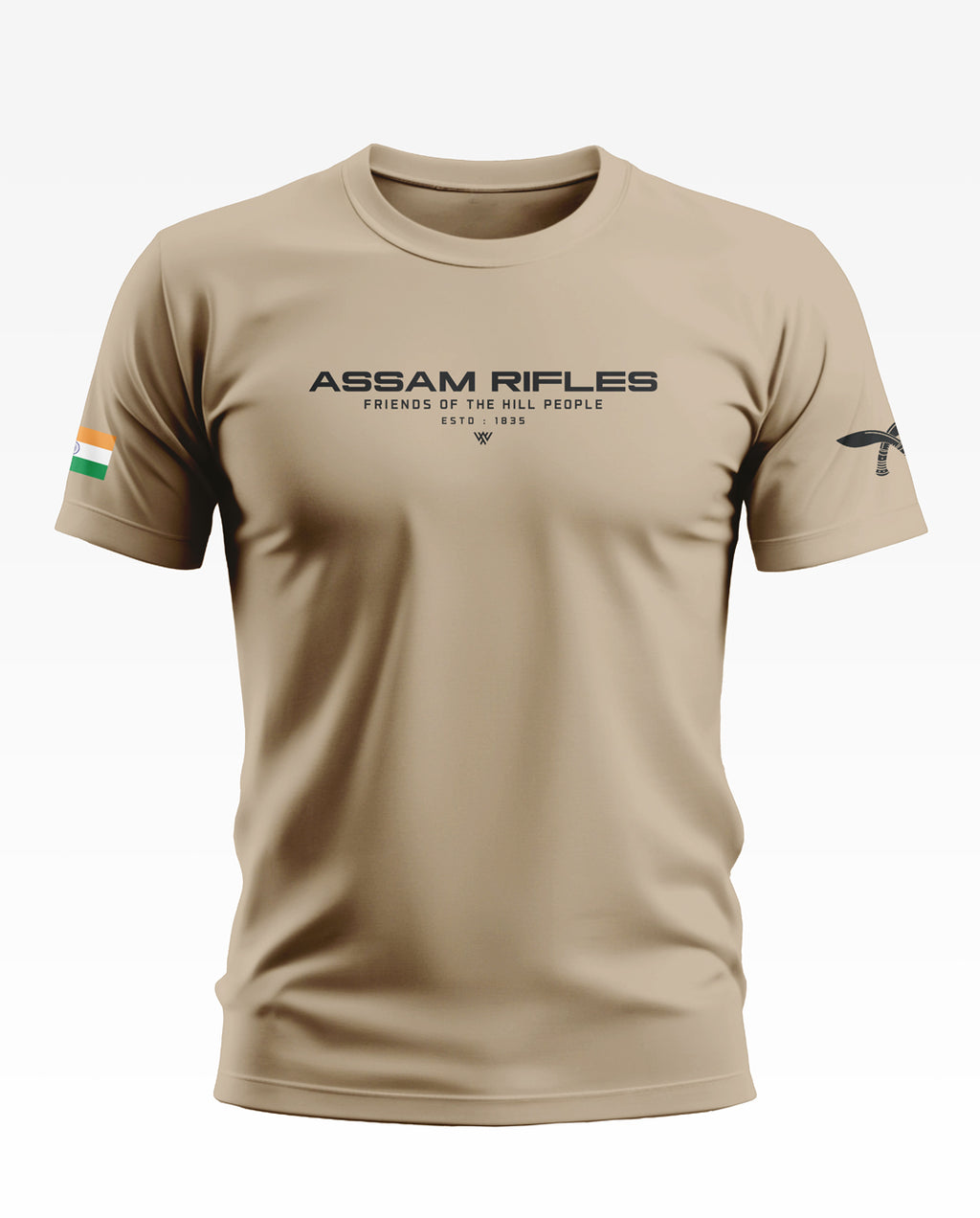 Beige Assam Rifles men's t-shirt with printed text, Indian flag patch, and sleeve emblem