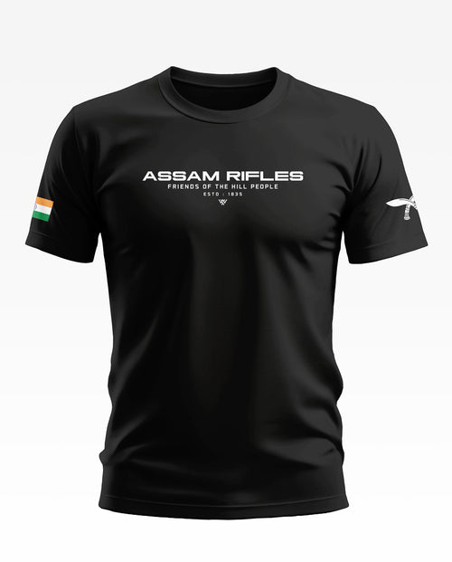 Black Assam Rifles men's t-shirt with Indian flag sleeve patch and hill people text