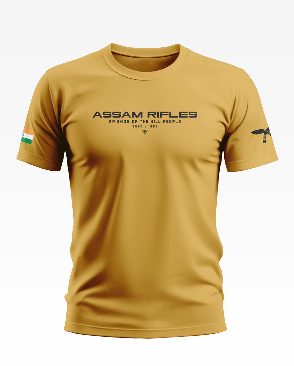 Yellow Assam Rifles men's t-shirt with printed text, Indian flag sleeve patch, and insignia design