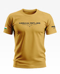 Yellow Assam Rifles men's t-shirt with printed text, Indian flag sleeve patch, and insignia design