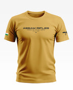 Yellow Assam Rifles men's t-shirt with printed text, Indian flag sleeve patch, and insignia design