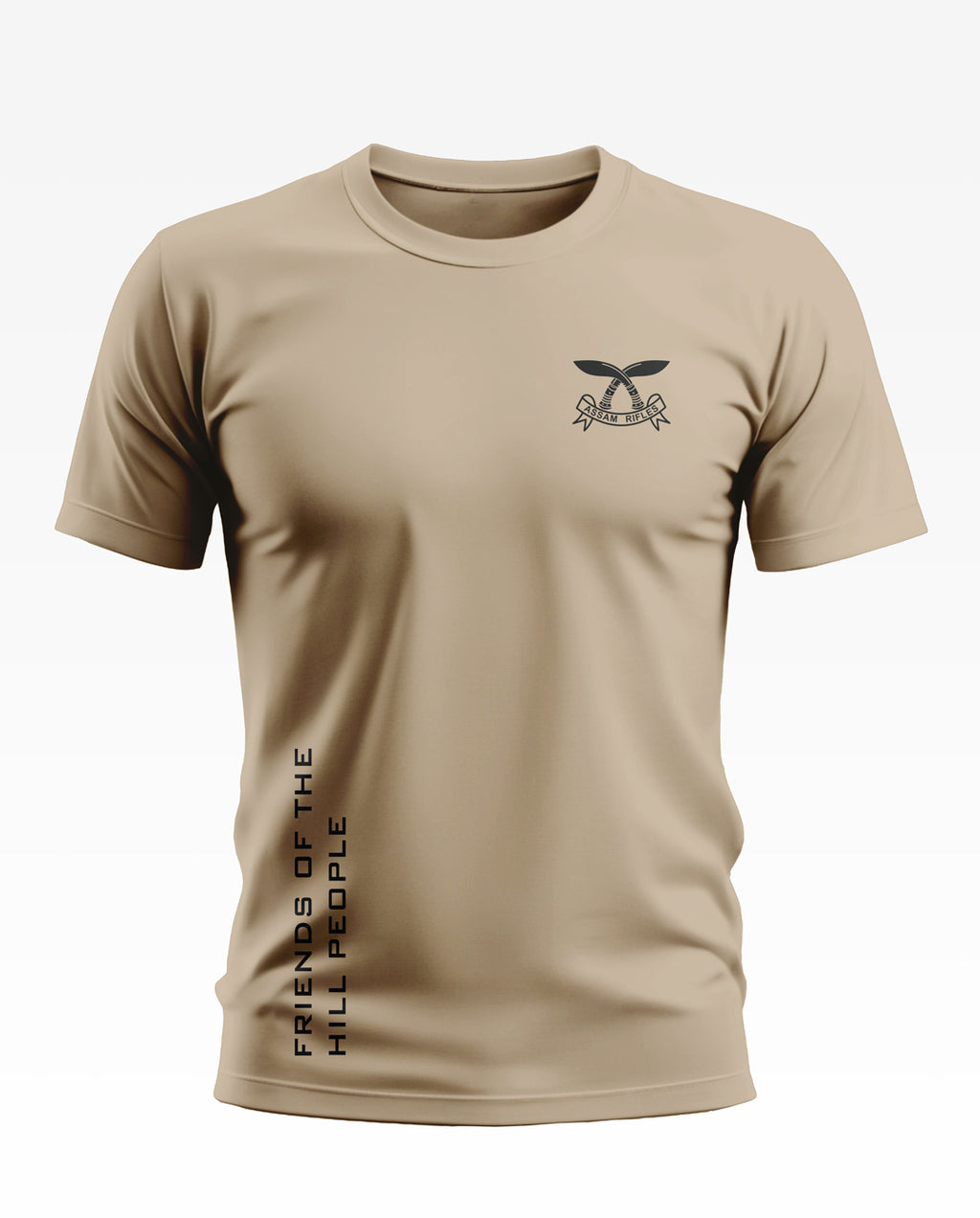 Beige men's t-shirt with military-inspired chest logo and 'Friends Of The Hill People' text on side