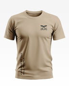 Beige men's t-shirt with military-inspired chest logo and 'Friends Of The Hill People' text on side