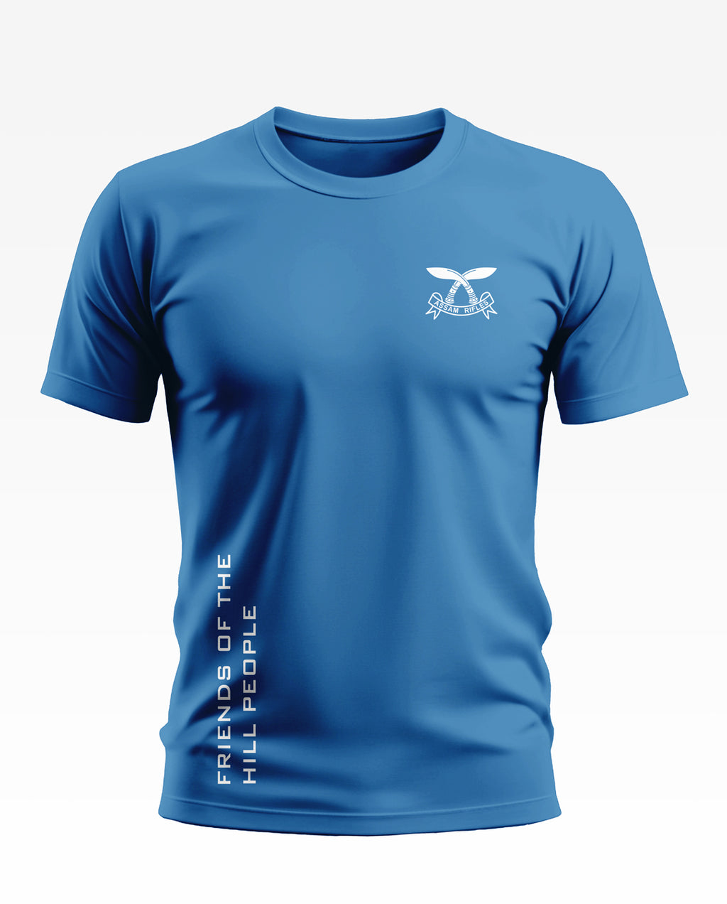 Blue men's t-shirt with 'Assam Rifles' logo and 'Friends of the Hill People' text design