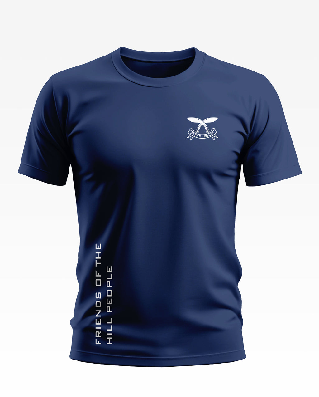 Navy blue men's T-shirt with Assam Rifles crest and 'Friends of the Hill People' text