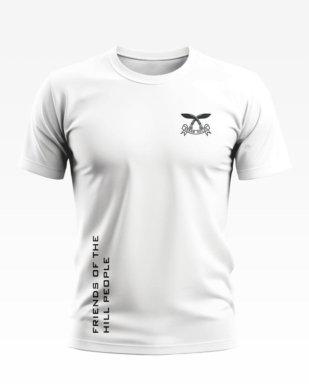 White men's t-shirt with army-inspired badge, 'Friends of the Hill People' vertical text.