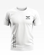 White men's t-shirt with army-inspired badge, 'Friends of the Hill People' vertical text.