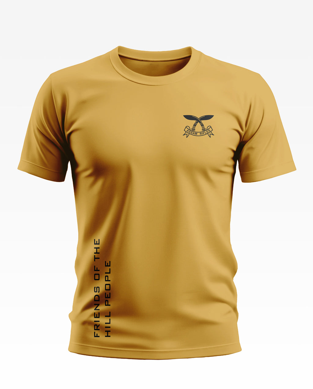 Yellow men's t-shirt with army-inspired crest on chest and 'Friends of the Hill People' text on side.
