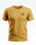Yellow men's t-shirt with army-inspired crest on chest and 'Friends of the Hill People' text on side.