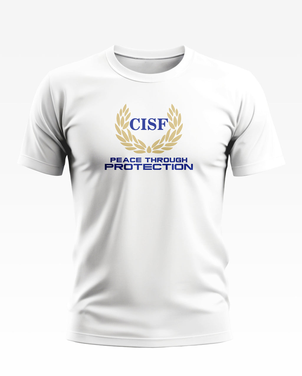 White men's t-shirt with CISF logo and 'Peace Through Protection' text, front view