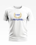 White men's t-shirt with CISF logo and 'Peace Through Protection' text, front view