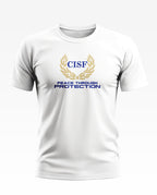 White men's t-shirt with CISF logo and 'Peace Through Protection' text, front view