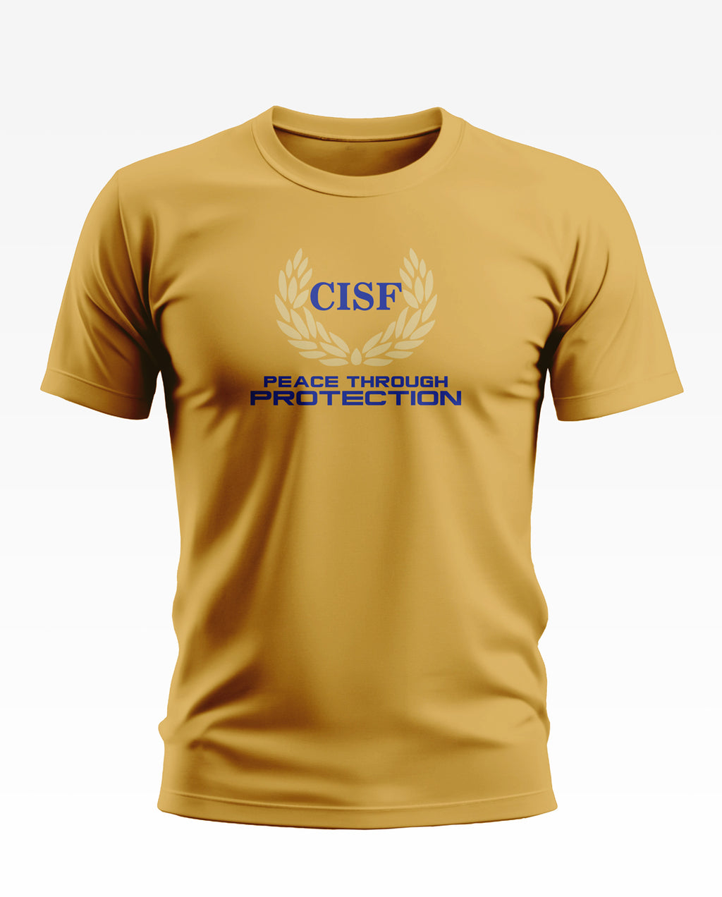 Yellow men's t-shirt with CISF logo and 'Peace Through Protection' printed on chest