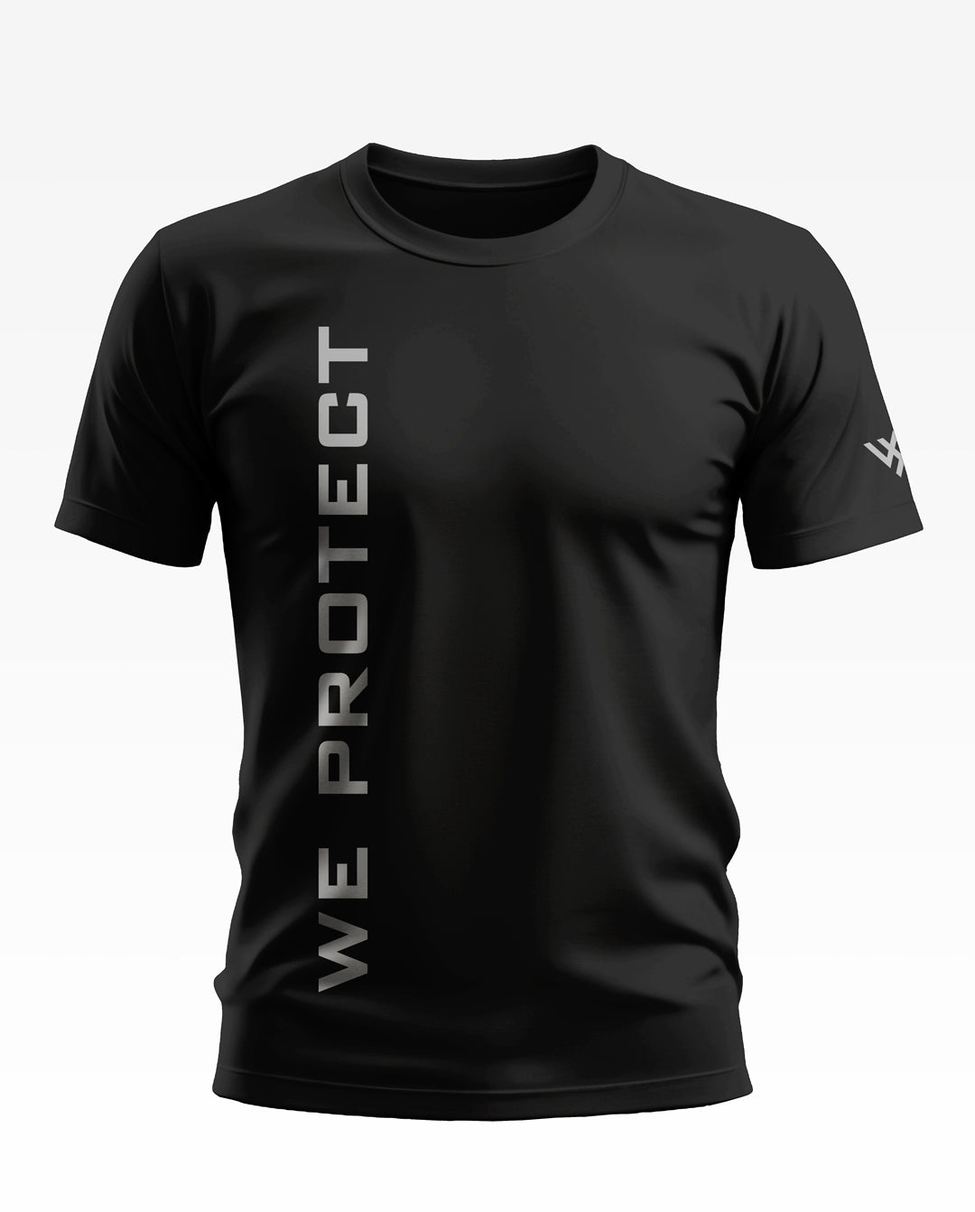 Black men's t-shirt with 'WE PROTECT' vertical print, short sleeves, army-inspired style.