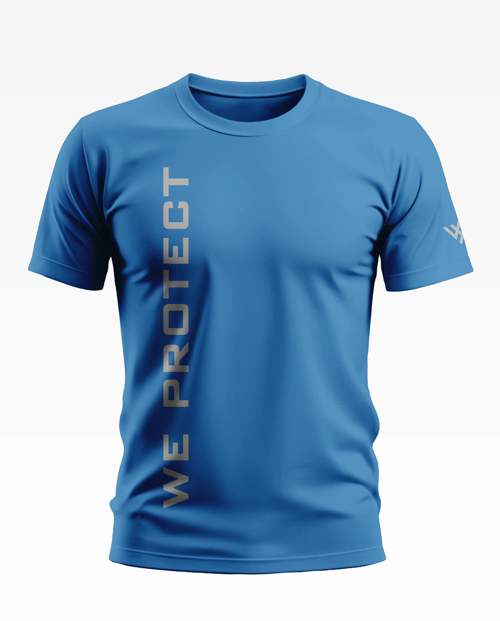 Blue men's t-shirt with 'WE PROTECT' vertical text and short sleeves, army-inspired design.