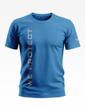 Blue men's t-shirt with 'WE PROTECT' vertical text and short sleeves, army-inspired design.