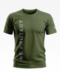 olive green men's t-shirt with 'WE PROTECT' vertical print, crew neck, short sleeves