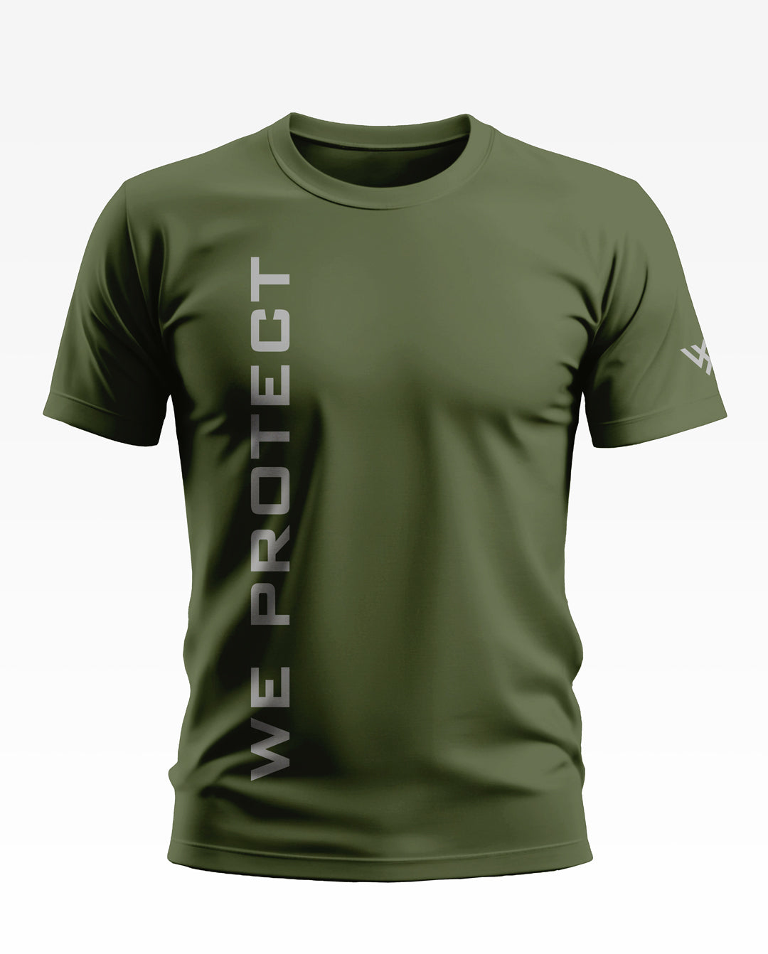 olive green men's t-shirt with 'WE PROTECT' vertical print, crew neck, short sleeves