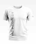 White men's crew neck t-shirt with 'WE PROTECT' vertical text and short sleeves