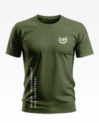 Olive green men's army-style t-shirt with ITBP emblem and motivational text on front