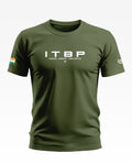 Army green men's ITBP graphic t-shirt with Indian flag sleeve print, bold white text